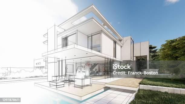 Upscale Modern Mansion With Pool Stock Photo - Download Image Now - Building Information Modeling, Blueprint, Building Exterior