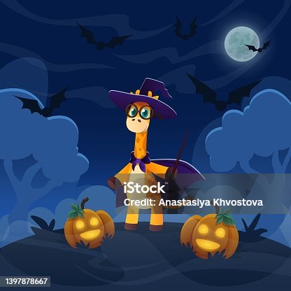 istock Cartoon giraffe magican standing on the hill in forest. Halloween illustration with funny pimpkin lanterns. Night sky with full moon and flying bats 1397878667