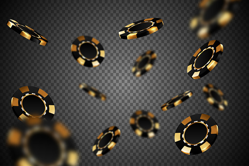 Black gold casino chips falling in different positions on transparent background. Golden poker chips isolated backdrop with defocused blur elements.
