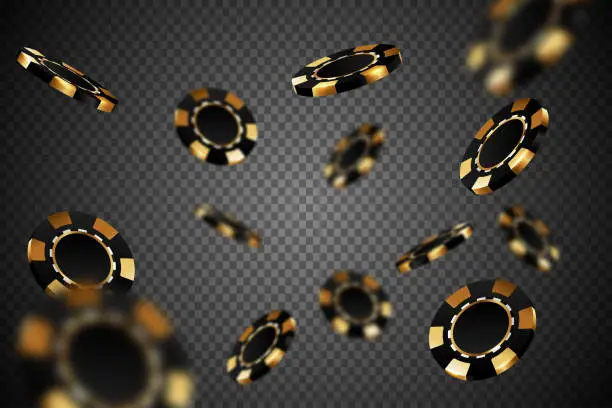 Vector illustration of Black gold casino chips falling in different positions on transparent background. Golden poker chips isolated backdrop with defocused blur elements