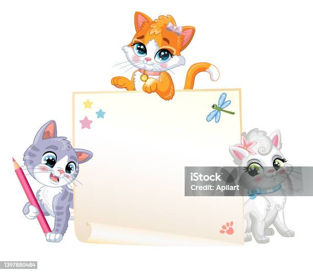 Tiga Anak Kucing Kartun Lucu Dengan Ilustrasi Vektor Spanduk Kosong
