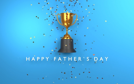 Happy Father's Day written below the cup while confetti falling on gold cup against blue background. Directly above composition with copy space. Father's Day concept. Easy to crop for all your social media and print sizes.