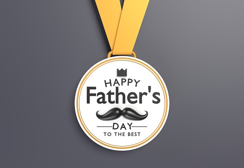Happy Father's Day to the best title on a gift card with medal and ribbon against gray background. Easy to crop for all your social media and print sizes.