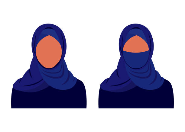 abstrakte muslimische frau in traditioneller dunkler hijab-kleidung mit offenem und geschlossenem gesicht. arabisches mädchen im kleid. vektorillustration isoliert - close up face dark silhouette stock-grafiken, -clipart, -cartoons und -symbole