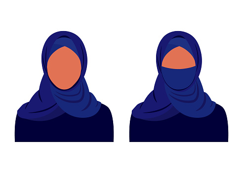 Abstract muslim woman in traditional dark hijab clothes open and close face. Arab girl in dress. Vector illustration