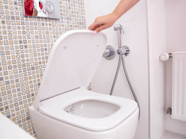 ręka kobiety trzyma pokrywę toalety w toalecie. koncepcja czystości i higieny w łazience, przyjemny zapach świeżości - toilet public restroom air freshener cleaning zdjęcia i obrazy z banku zdjęć