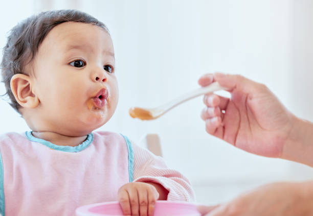 Shot of an unrecognizable woman feeding her baby girl at home The cutest pout! baby food stock pictures, royalty-free photos & images