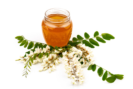 Jar of acacia honey on white background - food and drink