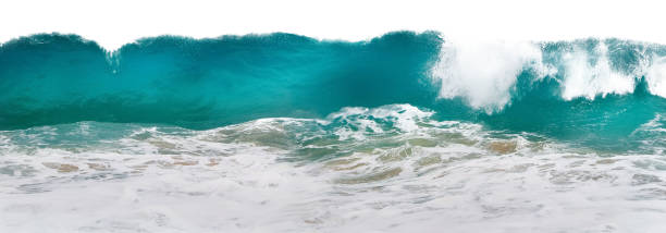 istock Powerful ocean blue waves with white foam isolated on a white background. Banner format. 1397889355