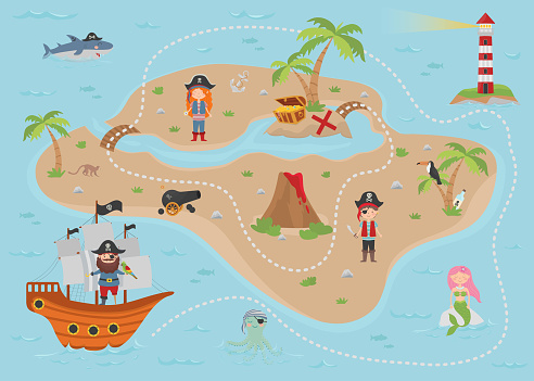 Cartoon pirate treasure map for children.The map has a cute mermaid, pirates, an octopus, a shark, a lighthouse, a treasure island, a chest and a ship.