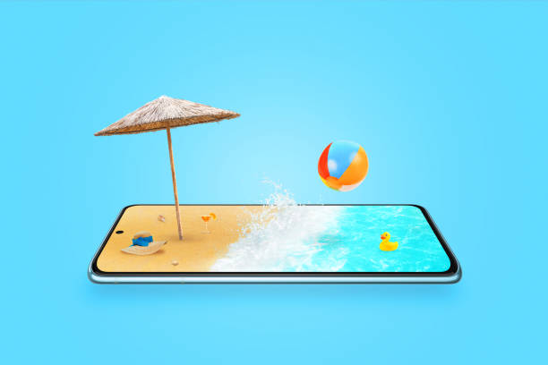 istock Beach on mobile phone screen concept. Summer travel vacation composition with sea waves, parasol, hat. Phone laid horizontally 1397892730