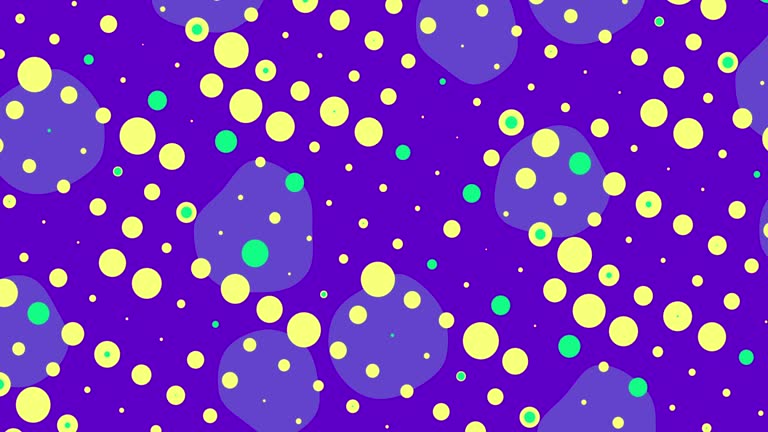 Digitally designed abstract background with moving yellow and light green spots on a purple background