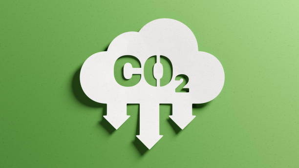 Reduce CO2 emissions to limit climate change and global warming. Low greenhouse gas levels, decarbonize, net zero carbon dioxide footprint. Abstract minimalist design, cutout paper, green background. stock photo