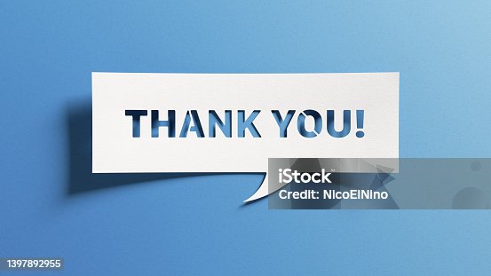 istock Thank you message for card, presentation, business. Expressing gratitude, acknowledgment and appreciation. Minimalist abstract design with white cut out paper on blue background. 1397892955