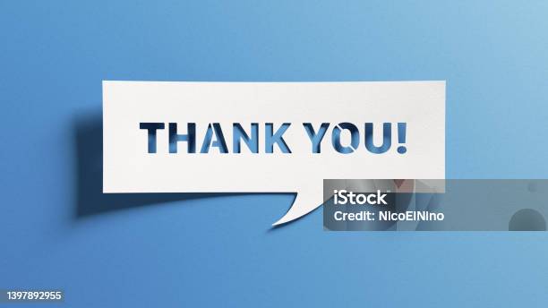 Thank You Message For Card Presentation Business Expressing Gratitude Acknowledgment And Appreciation Minimalist Abstract Design With White Cut Out Paper On Blue Background Stock Photo - Download Image Now