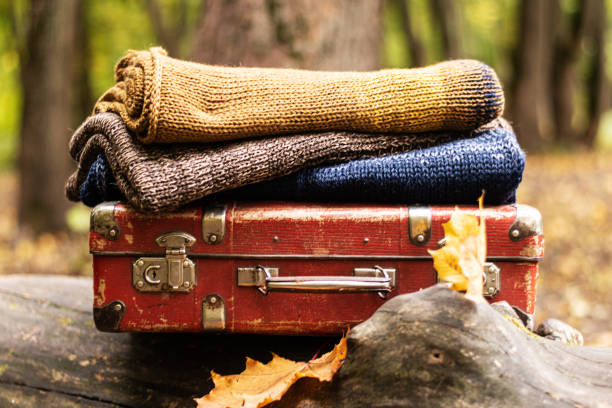 istock Knitted blankets lie on a red suitcase on a log 1397894875