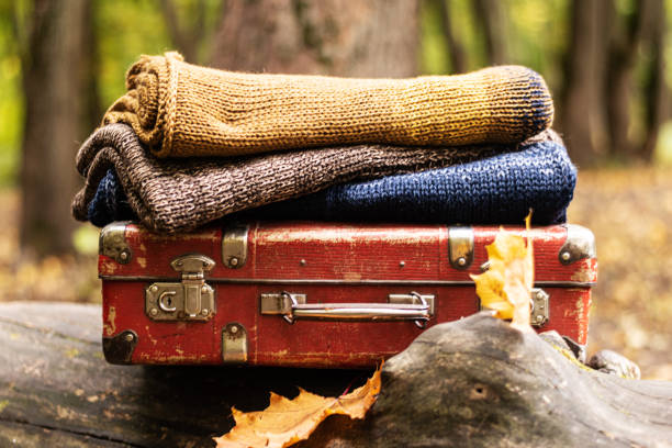 cobertores de malha deitam em uma mala vermelha em um tronco - colors order wool thread - fotografias e filmes do acervo