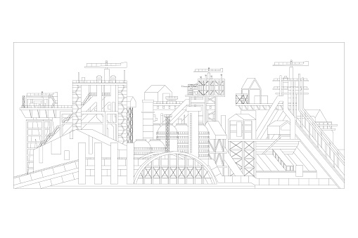 Vector outline sketch of a manufacturing industrial plant or factory
