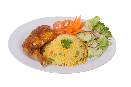 Fried rice and fried chicken thighs with fish sauce, very delicious dish popular in Vietnam