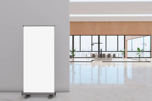 istock Modern white glass meeting room and corridor interior with empty white roll up poster, furniture, window with city view and daylight. Mock up, 3D Rendering. 1397897645