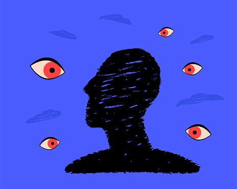 A black profile of a person surrounded by eyes, a symbol of an external critic, schizophrenia, paranoia.
