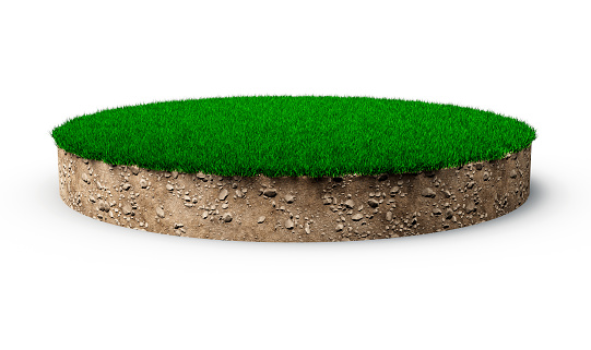 Grass circle isolated 3D Illustration round soil ground cross section with earth land and green grass