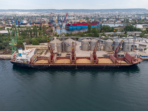 Aerial top view of a cargo terminal for unloading grain cargo and containers by shore cranes.