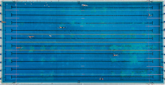 Aerial top view of group of swimmers training in swimming pool. Many sportive people swim in Open Water Swimming pool.