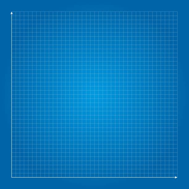 ilustracja wektorowa niebieska kreśląca siatka papieru milimetrowego izolowana na niebieskim tle. tekstura linii wykresu kwadratowego siatki. szablon siatki papieru milimetrowego. kartezjański układ współrzędnych z niebieską osią x i osią y. - blueprint graph paper paper backgrounds stock illustrations