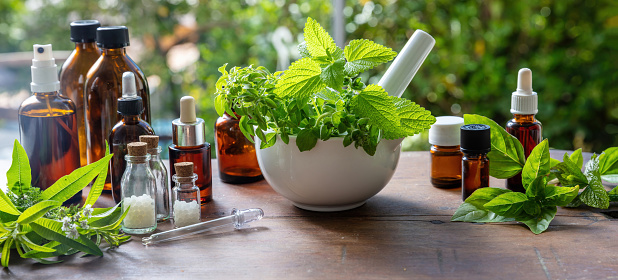Nature pharmacy and homeopathy products. Herbal medicine, alternative healing. Fresh herbs in a mortar and glass bottles on wooden table, banner.