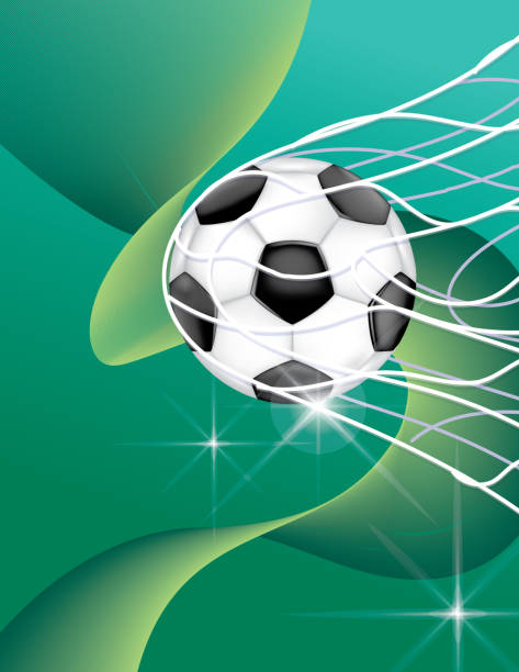 bunter fußball oder fußball, der ein tor in einem netz schießt - sports event goal soccer net stock-grafiken, -clipart, -cartoons und -symbole