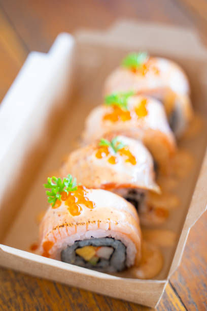 istock Sushi Salmon Roll with shrimp eggs on top 1397899768