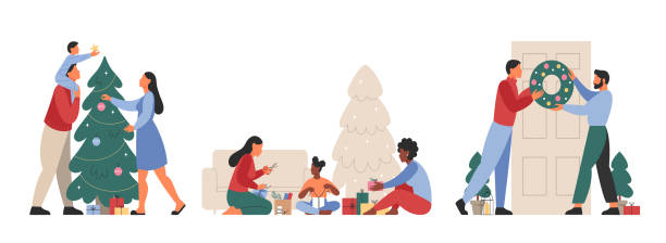 Set of different families are preparing for Christmas. Set of different families are preparing for Christmas. People make and pack presents, hang wreaths, and decorate Christmas tree. Flat vector illustration. diverse family christmas stock illustrations