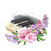 istock Piano keys and Decorative bouquet of flowers for a festive greeting card, invitation, leaflet. Hand drawn watercolor illustration isolated on white background 1397902788