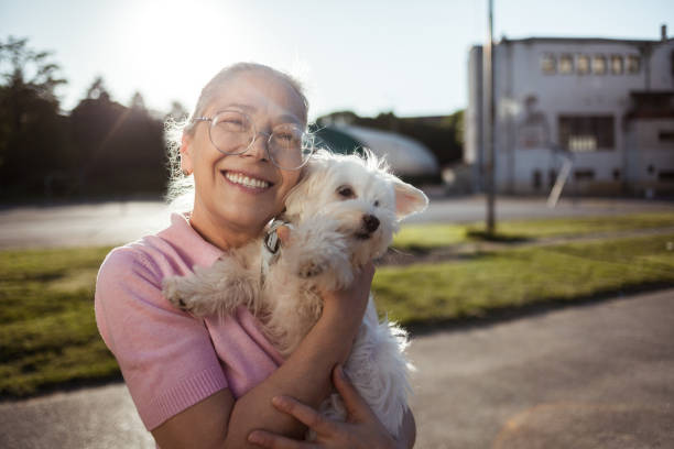 Mature woman holding her puppy outdoors Close up of Mature woman holding her puppy outdoors dog disruptagingcollection stock pictures, royalty-free photos & images