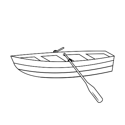 Wooden boat with oars, black outline, vector illustration on a white background