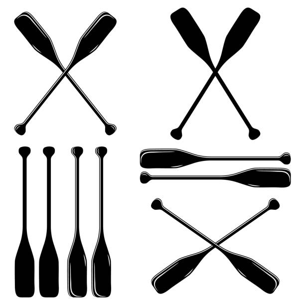 Wooden boat oars, icon set black stencil silhouette vector illustration on white background Wooden boat oars, icon set black stencil silhouette vector illustration on white background. using a paddle stock illustrations