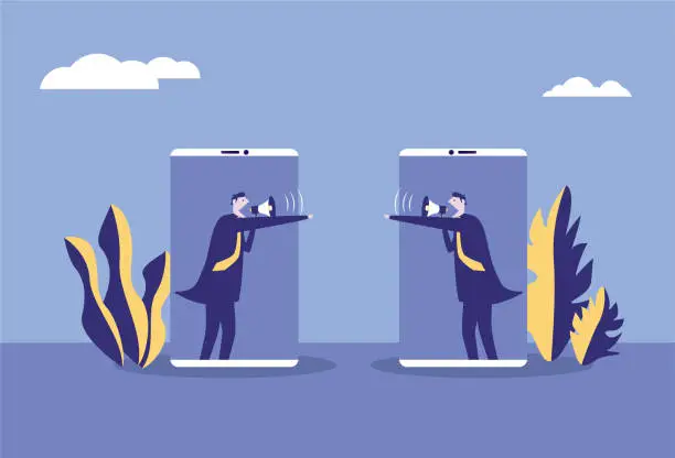 Vector illustration of Two business men arguing with megaphone inside cell phone