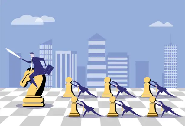 Vector illustration of Manager leading team fighting in mall, chess game, corporate culture concept illustration.