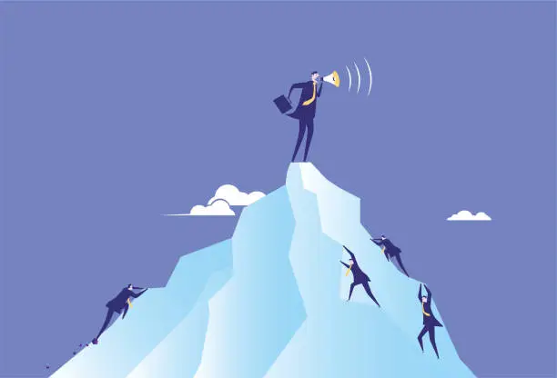 Vector illustration of People climb to the top of the mountain business man, manager shouting cheers to goal with megaphone to employee, corporate culture concept illustration.