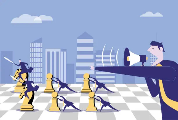 Vector illustration of The manager directs the team to fight in the mall, the chess game, the corporate culture concept map.