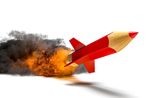 red rocket pencil that takes flight. 3d render