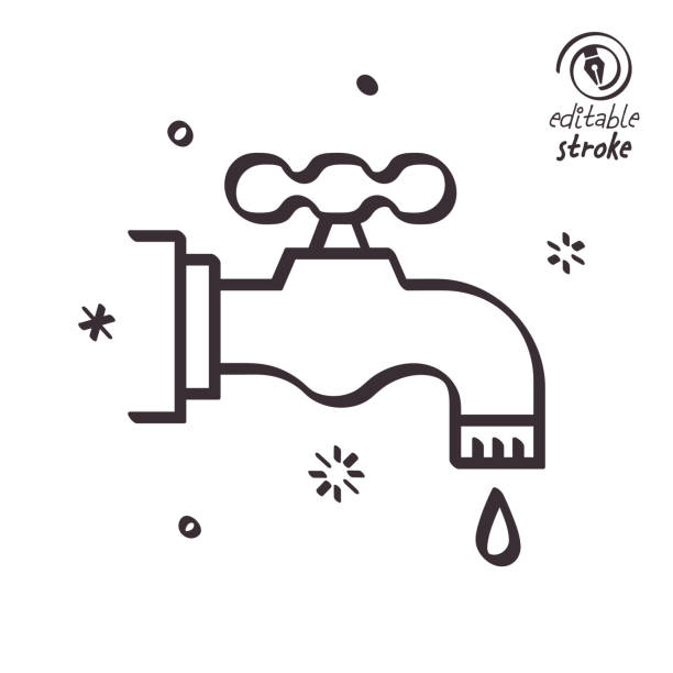 verspielte linienillustration für warmwassernetz - faucet heat water water pipe stock-grafiken, -clipart, -cartoons und -symbole