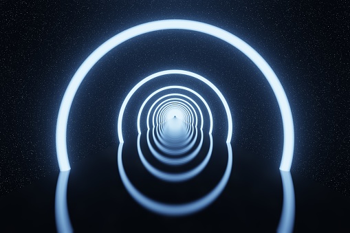 Abstract futuristic glowing Circles Neon light tunnel star space background 3D rendering
