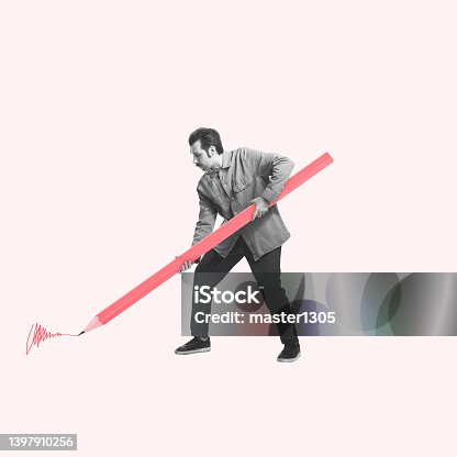 istock Contemporary art collage.Young man holding huge drawn pencil and writing isolated on light background. Concept of art, creativity, retro style, surrealism 1397910256