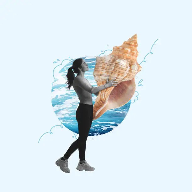 Photo of Contemporary art collage. Young girl carries a huge sea shell isolated on light background. Concept of art, creativity, retro style, surrealism