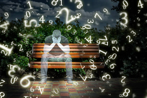 numerology, ghost guy in the park on a bench at night\nsurrounded by numbers