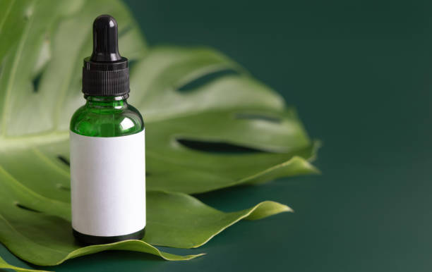 istock Dropper Bottle on monstera leaf on green table close up. Brand packaging mockup 1397912655