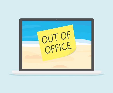 out of office written on sticky note on laptop screen with sandy beach landscape as a screen saver, Paid Time Off concept- vector illustration