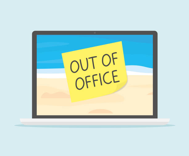 out of office written on sticky note on laptop screen with sandy beach landscape as a screen saver, Paid Time Off concept out of office written on sticky note on laptop screen with sandy beach landscape as a screen saver, Paid Time Off concept- vector illustration after work stock illustrations